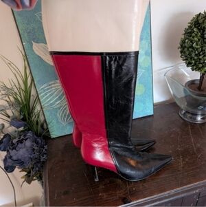 Kate Spade Made In Italy Vintage Leather Black and Red Heeled Boots EUC